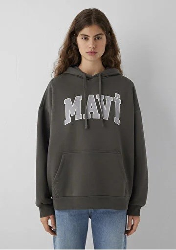 Mavi Logo Baskılı Kapüşonlu Haki Sweatshirt