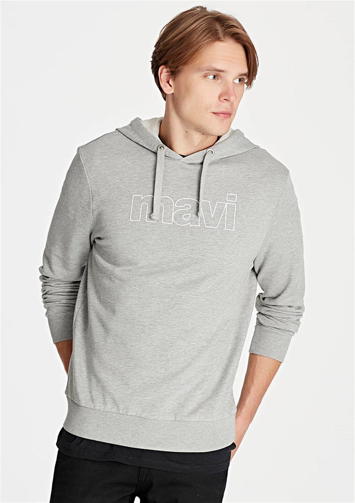Mavi Mavi Logo Kapişonlu Erkek Sweatshirt Açık Gri Melanj