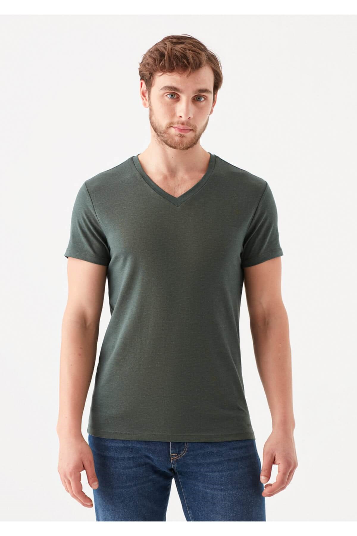 Mavi Stretch V Yaka Erkek T-shirt Orman Yeşili