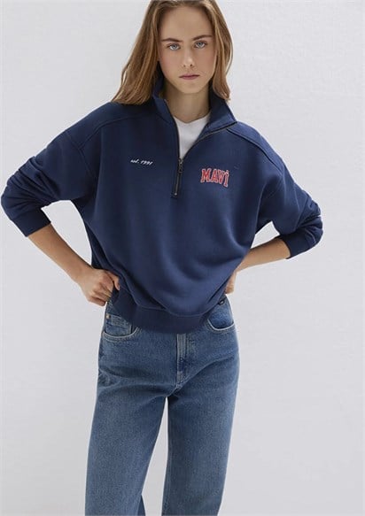 Mavi Logo Baskılı Yarı Fermuarlı Lacivert Sweatshirt