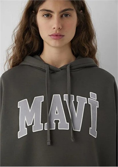 Mavi Logo Baskılı Kapüşonlu Haki Sweatshirt