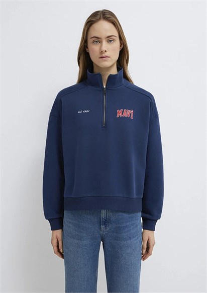 Mavi Logo Baskılı Yarı Fermuarlı Lacivert Sweatshirt