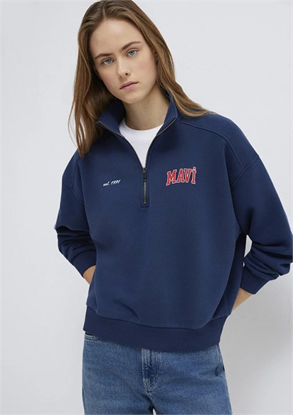 Mavi Logo Baskılı Yarı Fermuarlı Lacivert Sweatshirt