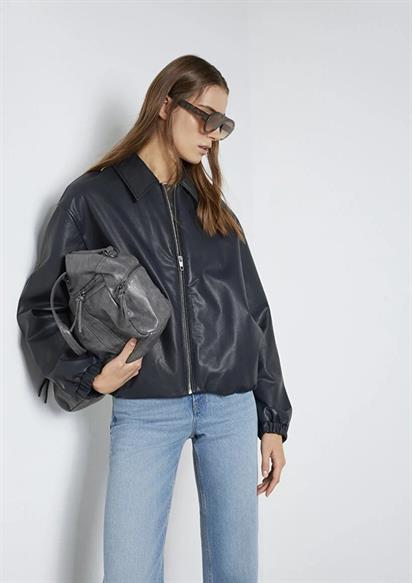 Mavi Oversize Kadın Suni Deri  Ceket-111614-90372