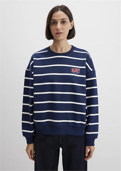 Mavi Çizgili Logo Baskılı Kadın Sweatshirt-1S10456-84634
