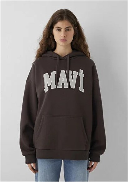 Mavi Logo Baskılı Kapüşonlu Kahverengi Sweatshirt