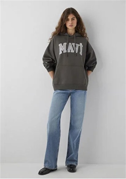 Mavi Logo Baskılı Kapüşonlu Haki Sweatshirt