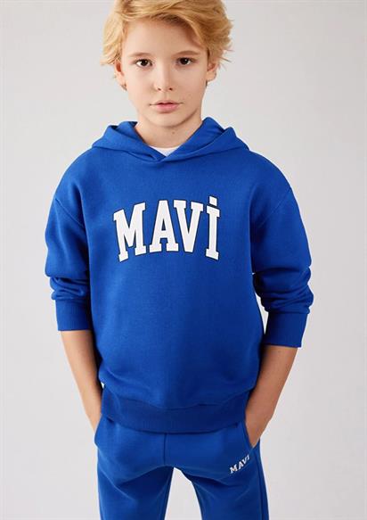 Mavi Baskılı Kapşonlü Çocuk Sweatshirt