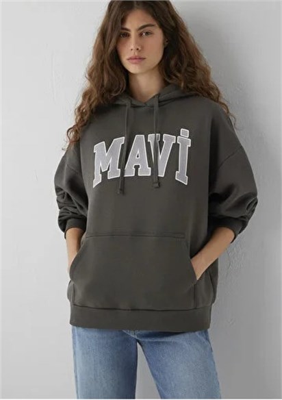 Mavi Logo Baskılı Kapüşonlu Haki Sweatshirt
