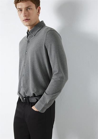 Mavi Uzun Kol Koyu Gri Melanj Erkek Gömlek