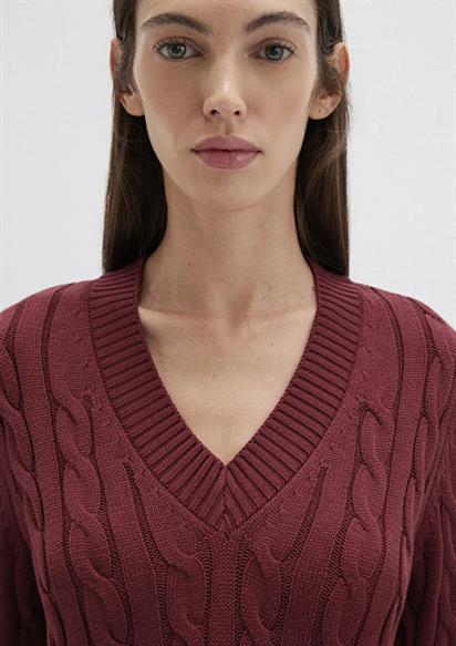 Mavi V Yaka Koyu Bordo Kadın Kazak 1710720-85493