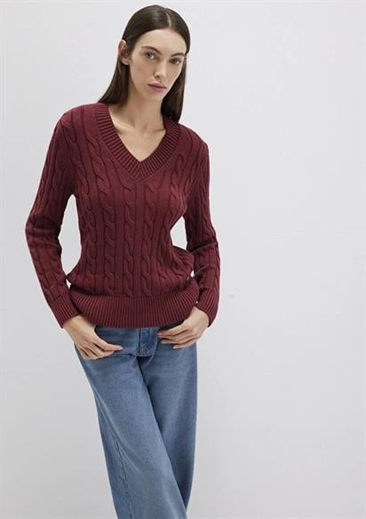 Mavi V Yaka Koyu Bordo Kadın Kazak 1710720-85493