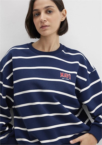 Mavi Çizgili Logo Baskılı Kadın Sweatshirt-1S10456-84634