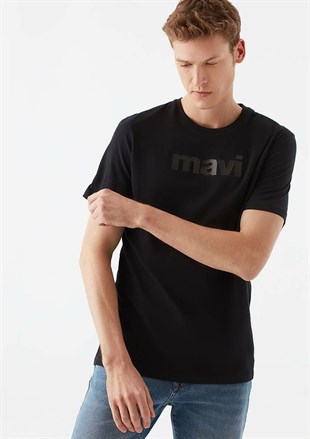 Mavi Baskılı Erkek T-Shirt Siyah