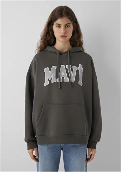 Mavi Logo Baskılı Kapüşonlu Haki Sweatshirt