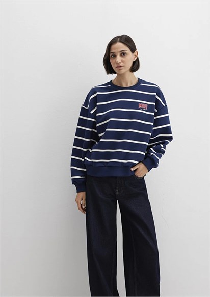 Mavi Çizgili Logo Baskılı Kadın Sweatshirt-1S10456-84634