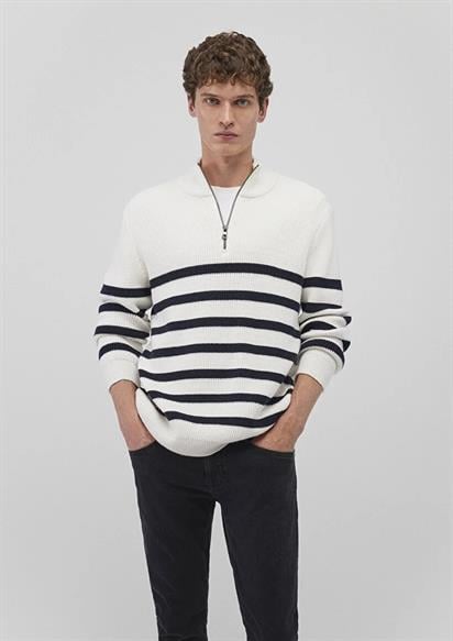 Mavi Yarı Fermuarlı Çizgili Kazak-0710131-70057