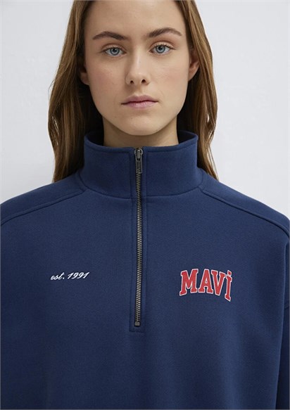 Mavi Logo Baskılı Yarı Fermuarlı Lacivert Sweatshirt