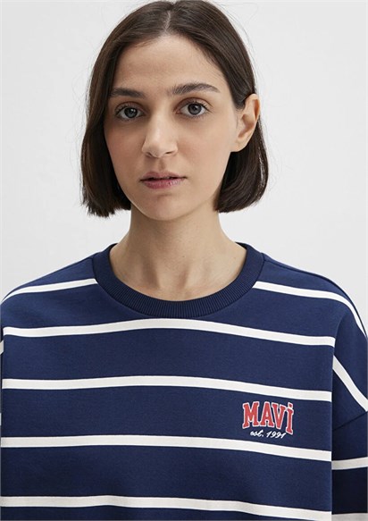 Mavi Çizgili Logo Baskılı Kadın Sweatshirt-1S10456-84634