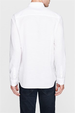 Mavi Uzun Kol  Erkek Gömlek Kırık Beyaz