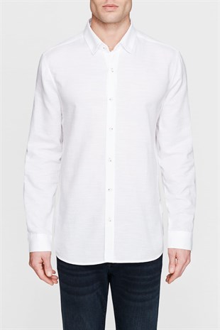 Mavi Uzun Kol  Erkek Gömlek Kırık Beyaz