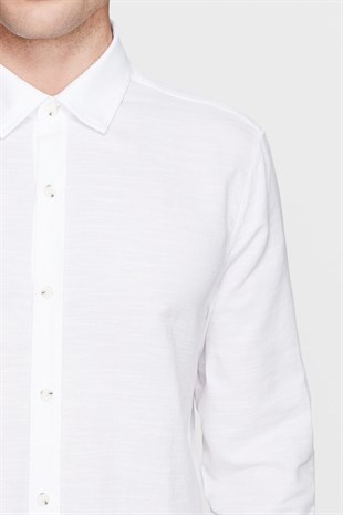 Mavi Uzun Kol  Erkek Gömlek Kırık Beyaz