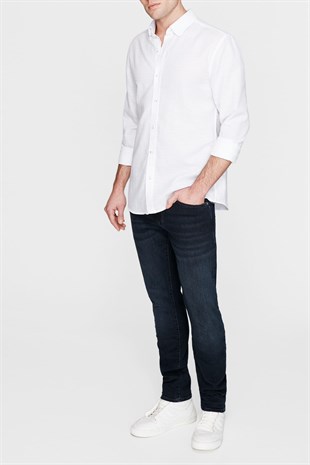 Mavi Uzun Kol  Erkek Gömlek Kırık Beyaz