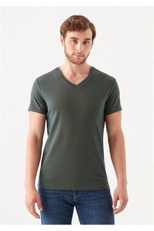 Mavi Stretch V Yaka Erkek T-shirt Orman Yeşili