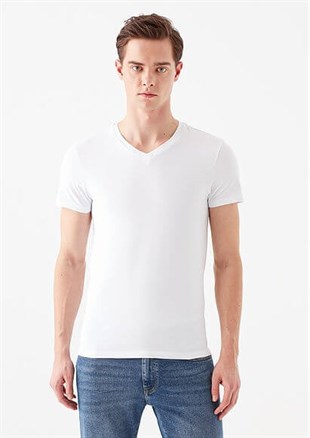 Mavi Stretch V Yaka Erkek T-shirt  Beyaz
