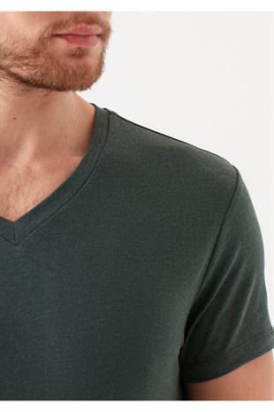 Mavi Stretch V Yaka Erkek T-shirt Orman Yeşili