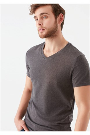 Mavi Stretch V Yaka Koyu Gri Melanj Erkek T-shirt