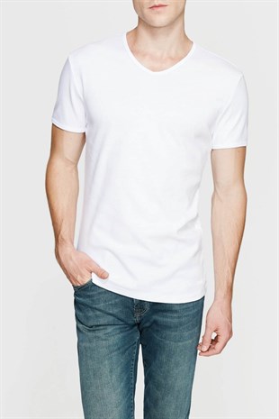 Mavi V Yaka Tisört Beyaz 063748-620