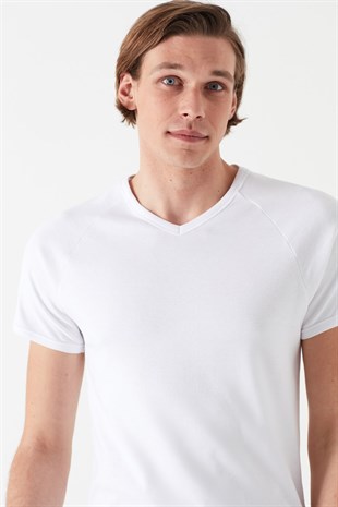 Mavi V Yaka T-Shirt Beyaz Erkek T-Shirt