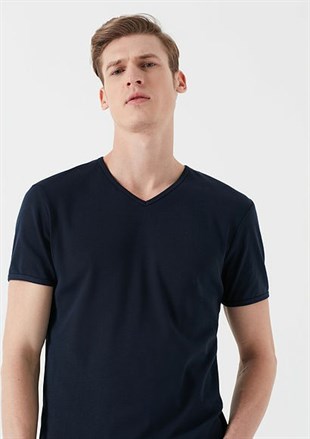 Mavi V Yaka Tişört Koyu Lacivert