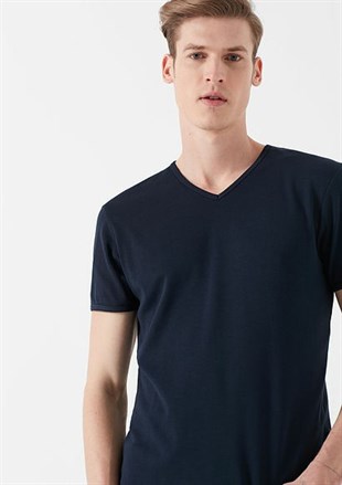Mavi V Yaka Tişört Koyu Lacivert