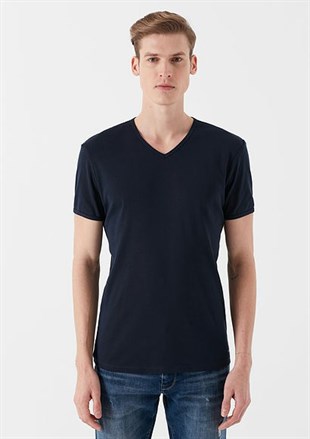 Mavi V Yaka Tişört Koyu Lacivert