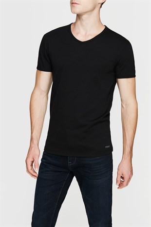Mavi V Yaka Tişört Siyah