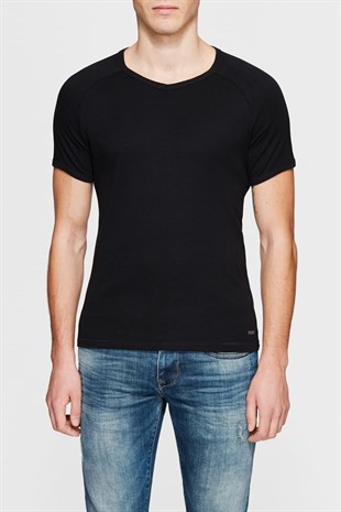 Mavi V Yaka T-Shirt Siyah Erkek T-Shirt