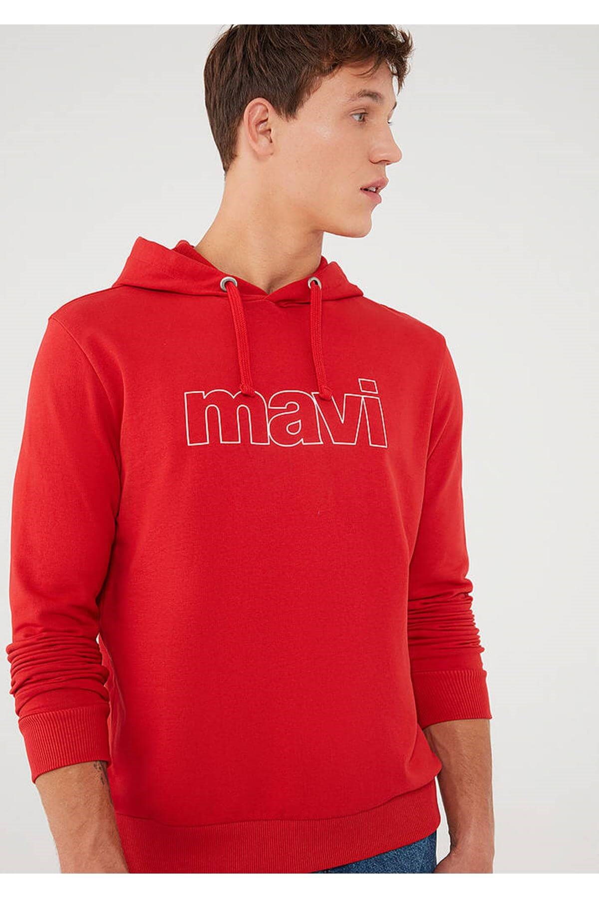 Mavi Logo Kapışonlu Canlı Kırmızı Erkek Sweatshirt
