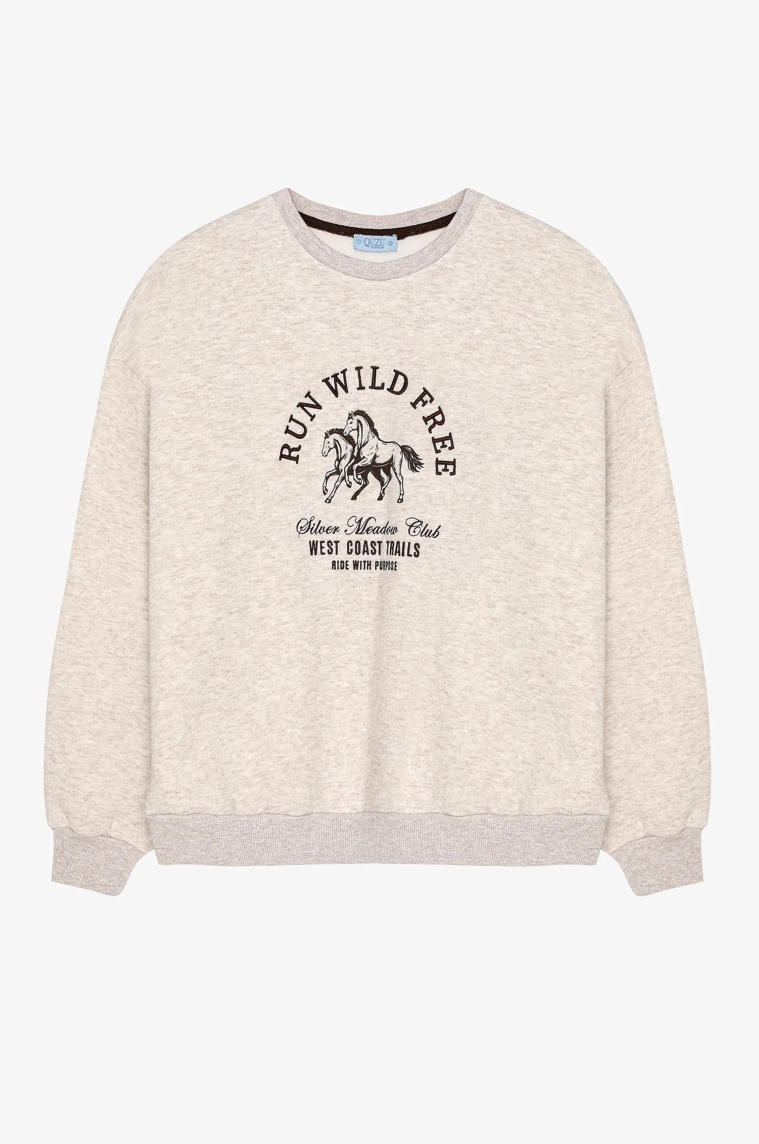 Quzu Baskı ve Nakış Detaylı Sweatshirt