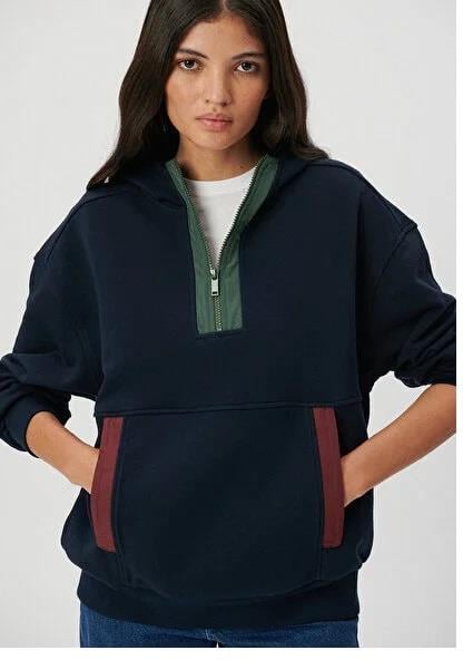 Mavi Kapişonlu Koyu Lacivert Kadın Sweatshirt