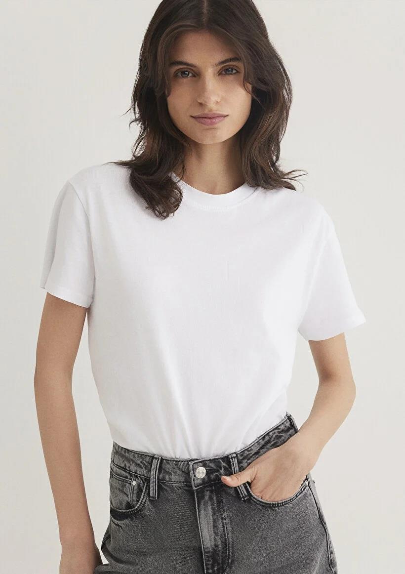 Mavi Yuvarlak Yaka  Beyaz Kadın T-Shirt 1600955-620