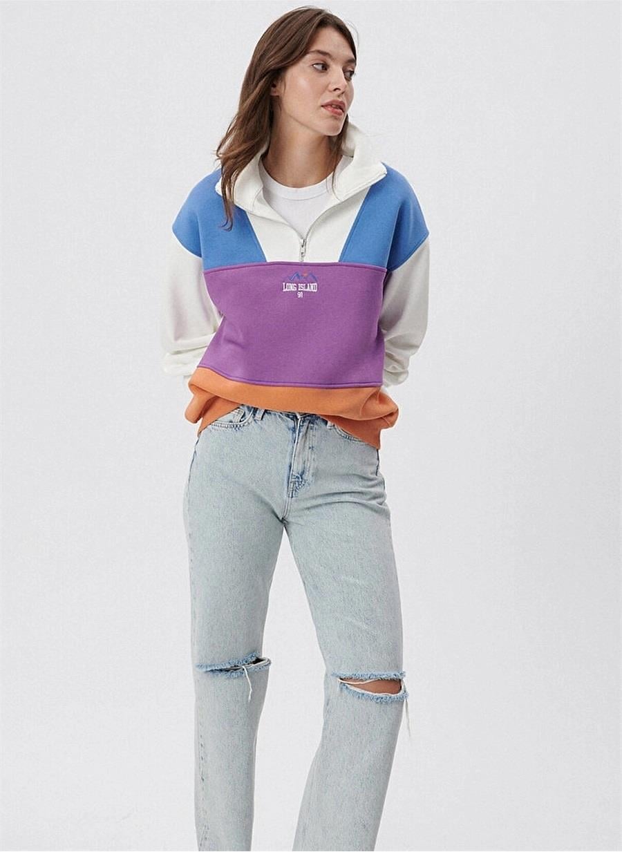 Mavi Yarım Fermuarlı Kadın Sweatshirt