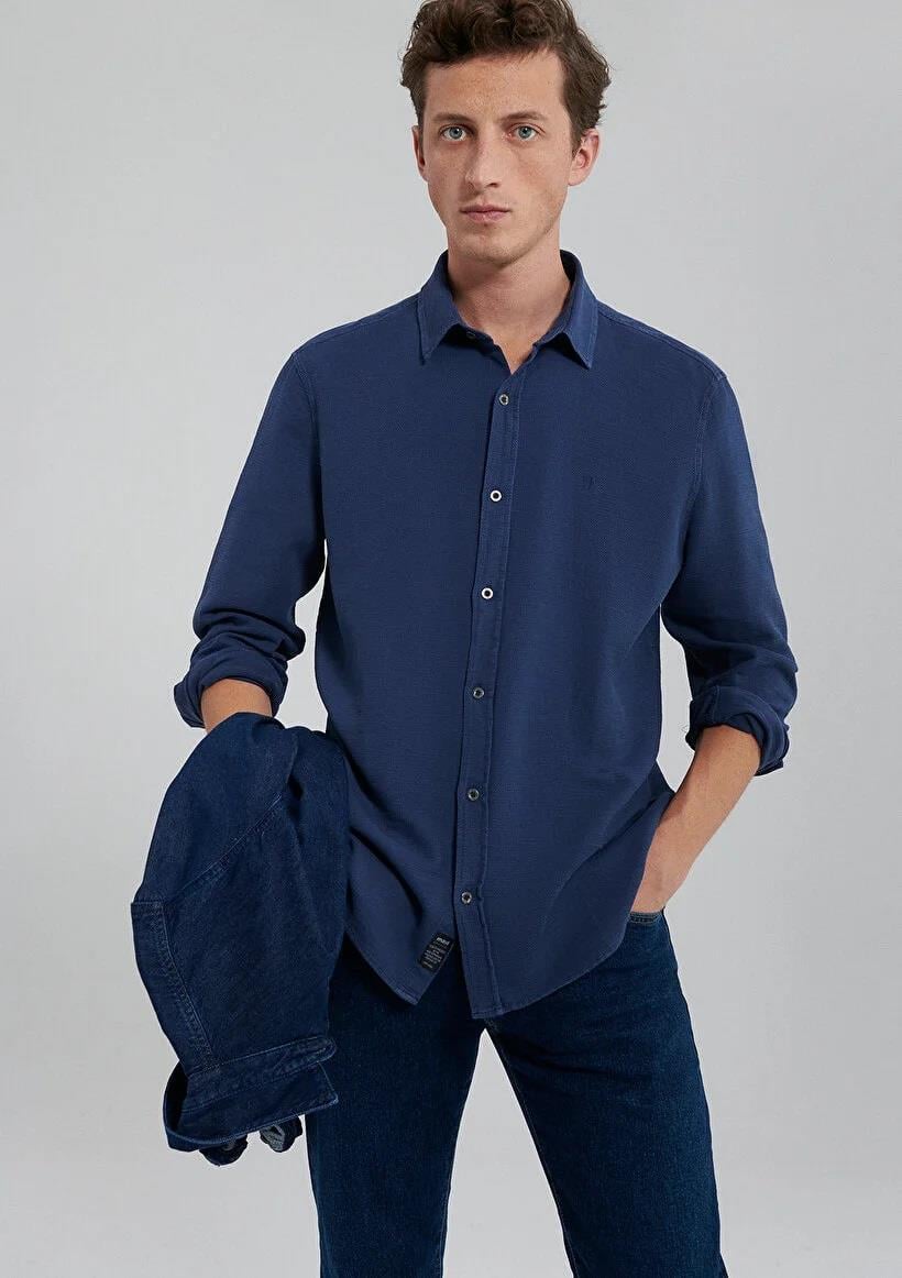 Mavi Uzun Kol Gömlek Gece Mavi Erkek Gömlek