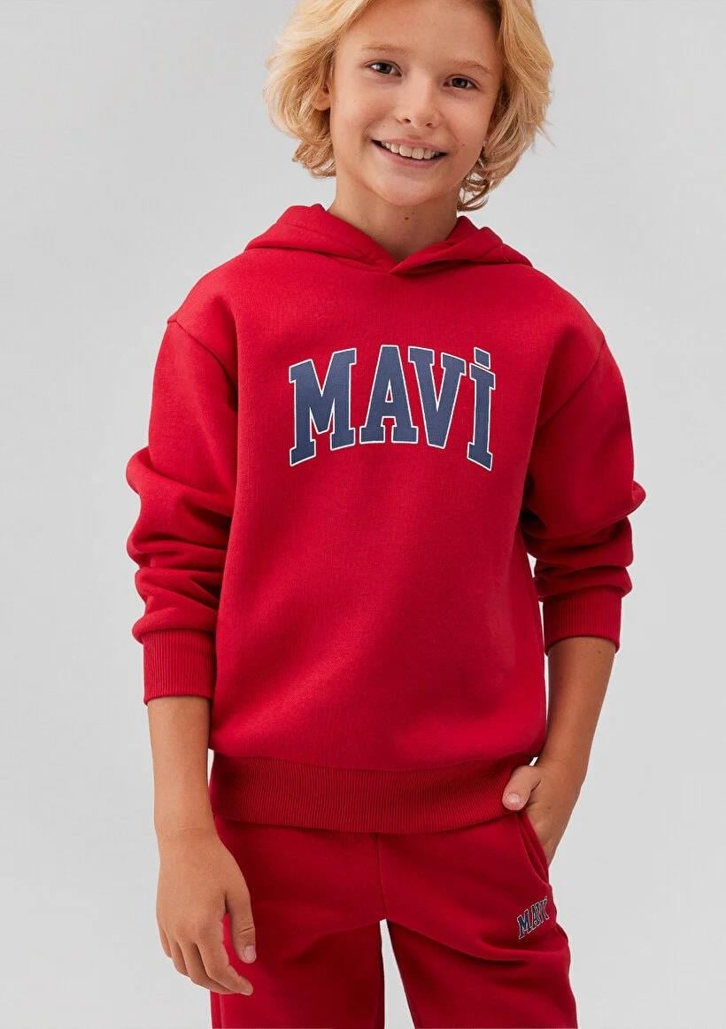 Mavi Baskılı Kapşonlü Çocuk Sweatshirt