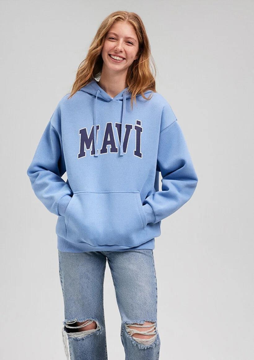 Mavı Logo Kapüşonlu Kadın  Sweatshırt