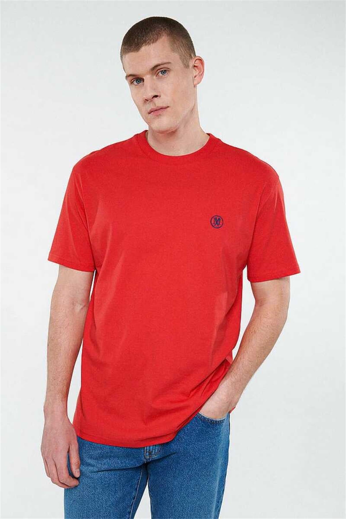 Mavi Logo Nakışlı Kırmızı Tişört 067074-70471