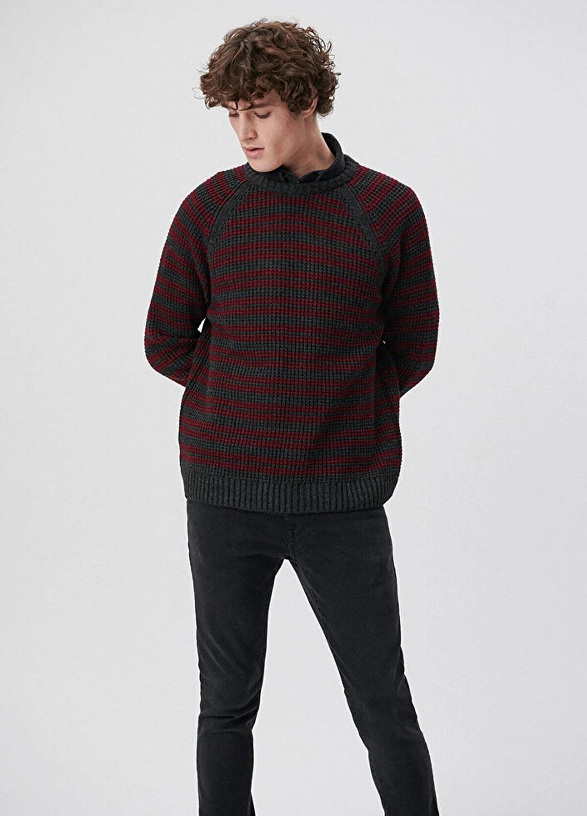 Mavi Çizgili Koyu Bordo Erkek Kazak 0710117-85347