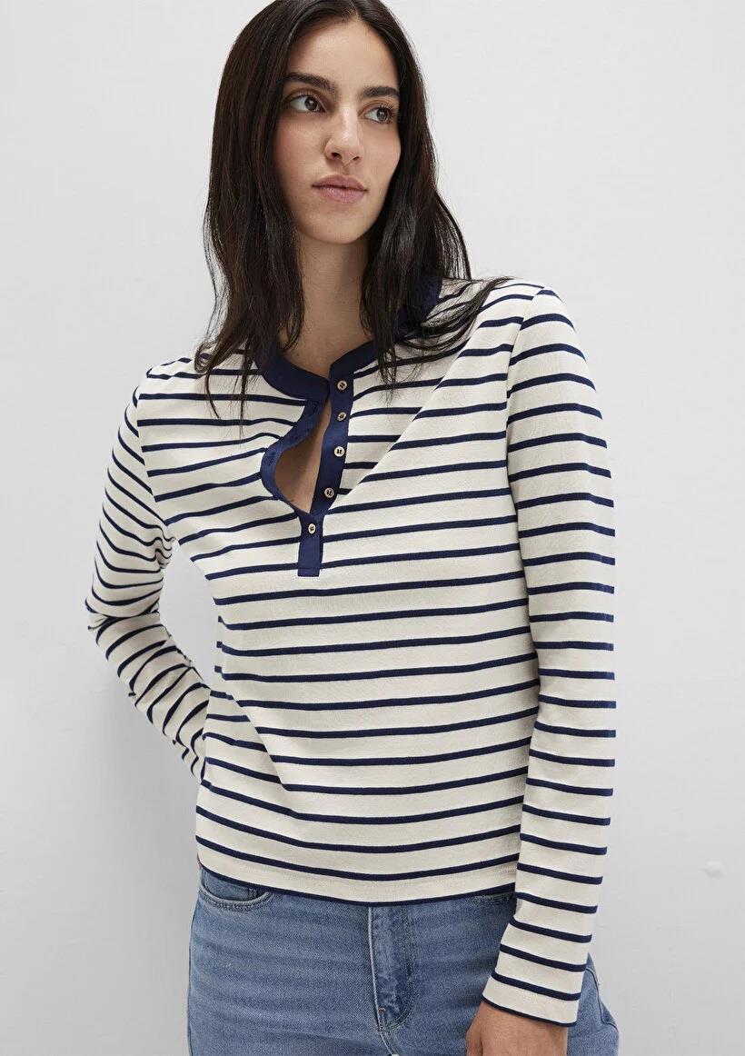 Mavi Düğmeli Modelli Penye Navy Blazer Stripe Kadın Uzun Kol T-Shirt 1613394-86625