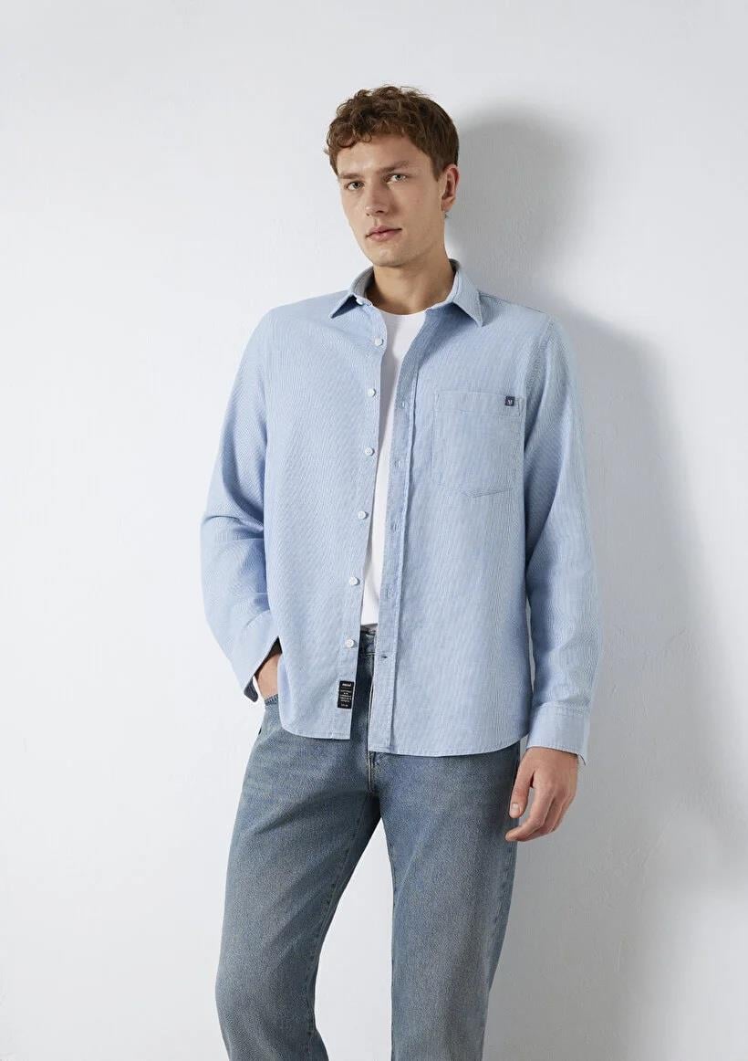 Mavi Çizgili  White Stripe /İndigo Zemi Erkek Gömlek
